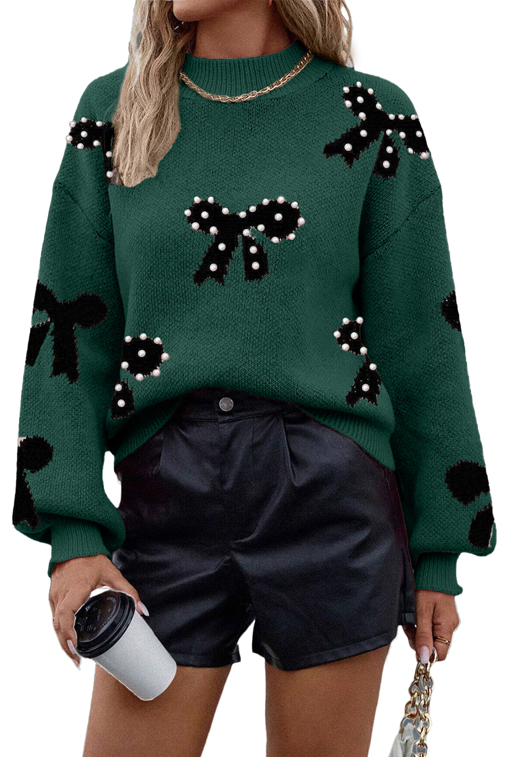 Pearl Embellished Bow Pattern Loose Sweater