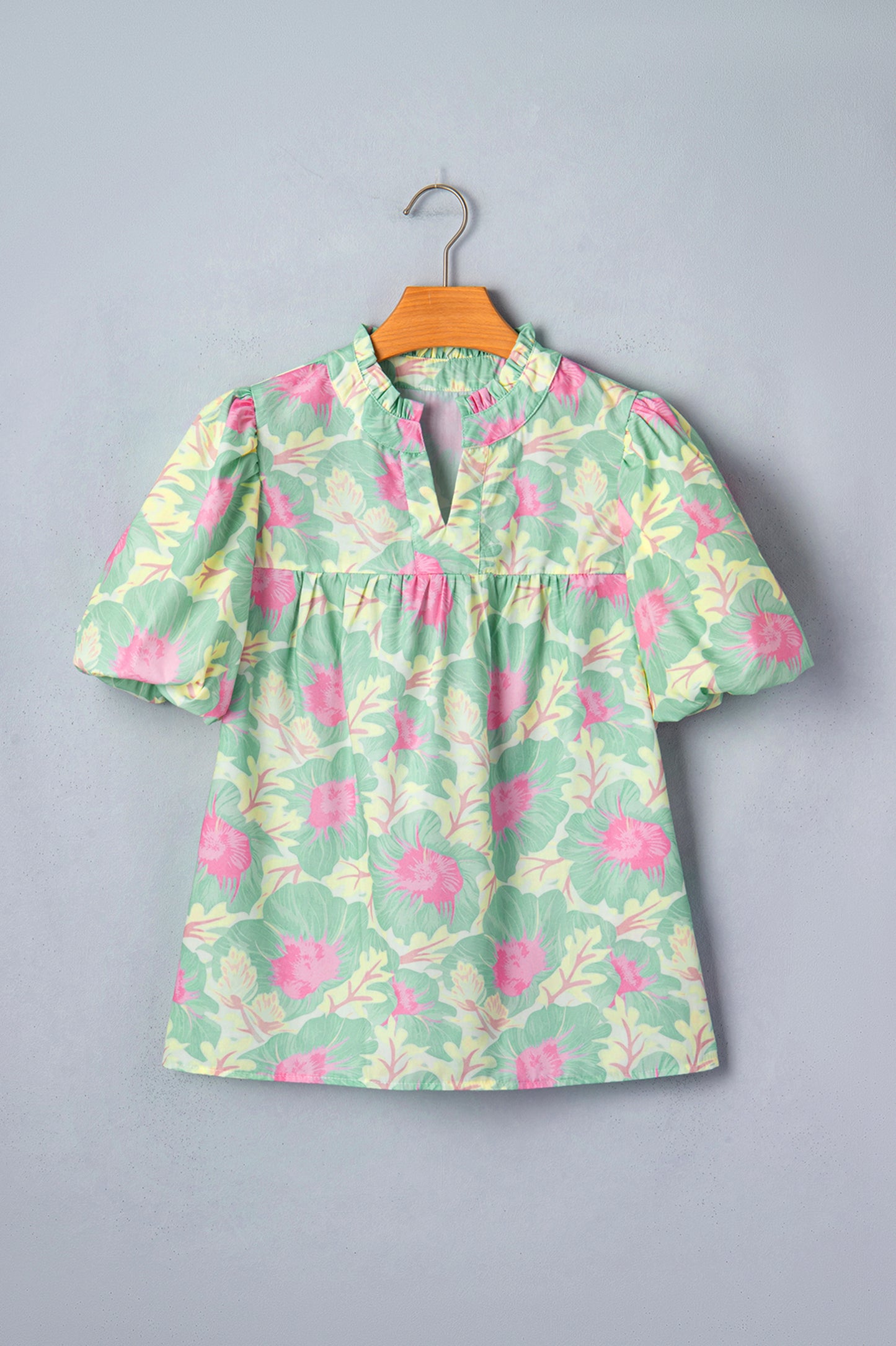 Short Bubble Sleeve Summer Floral Blouse
