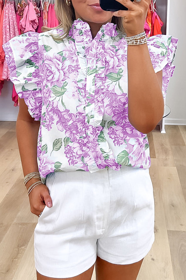 Floral Print Ruffle Sleeve Frill Shirt