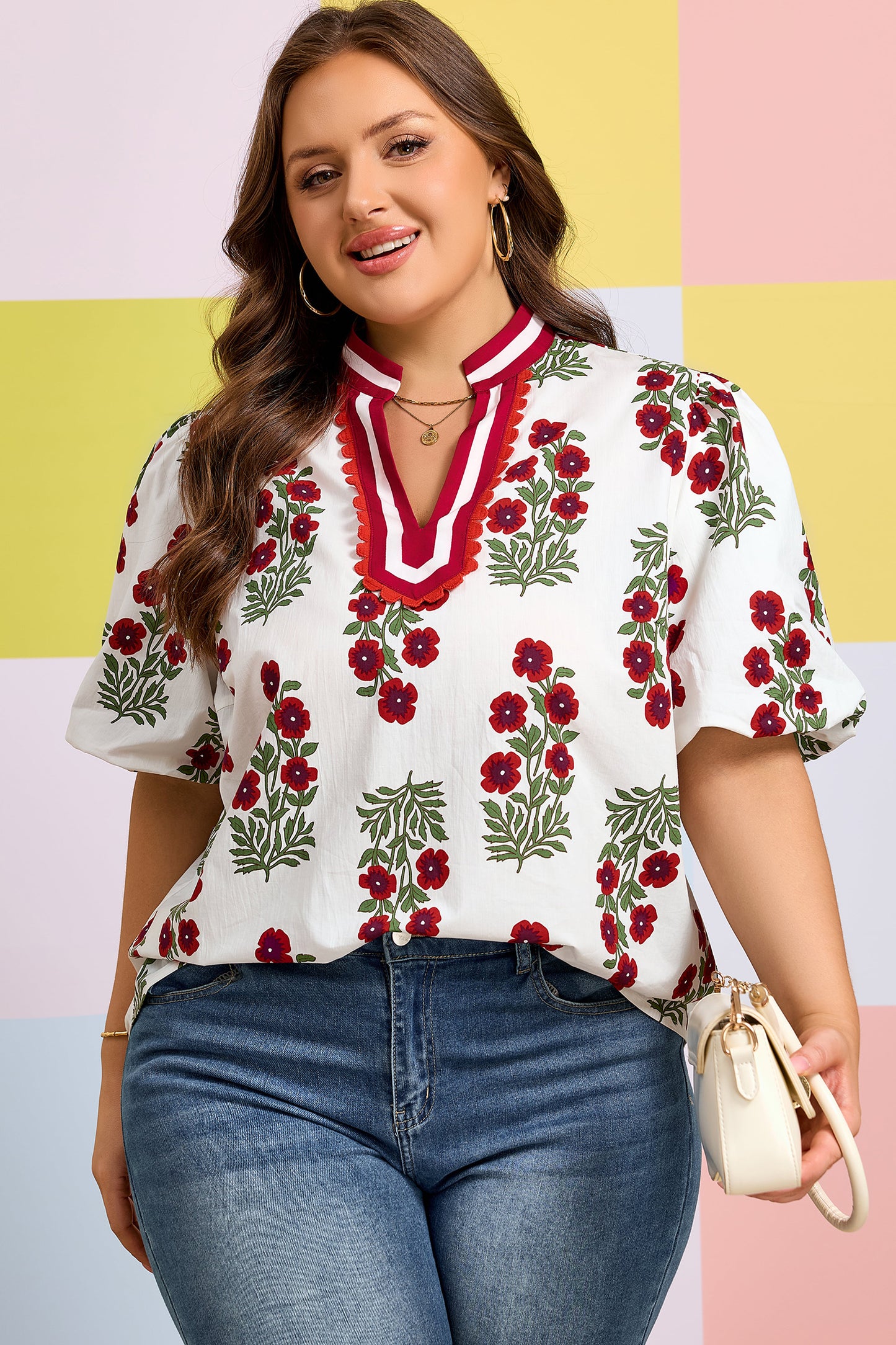 Plus Size Floral Print Ricrac Striped Trim Short Sleeve Cotton Blouse