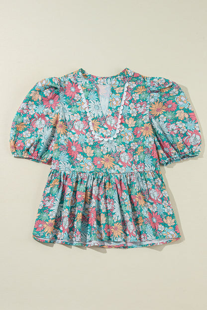 Multicolor Floral Print Short Puff Sleeve V Neck Boho Peplum Blouse