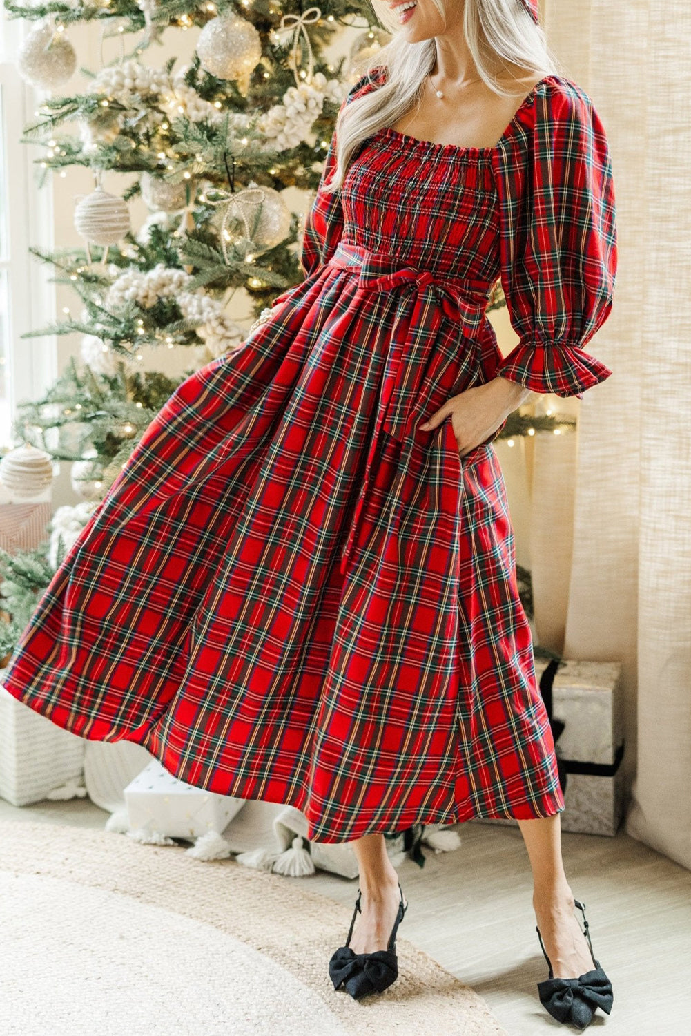 Plaid Square Neck Puff Sleeve Bowknot Waist Flared Midi Dress