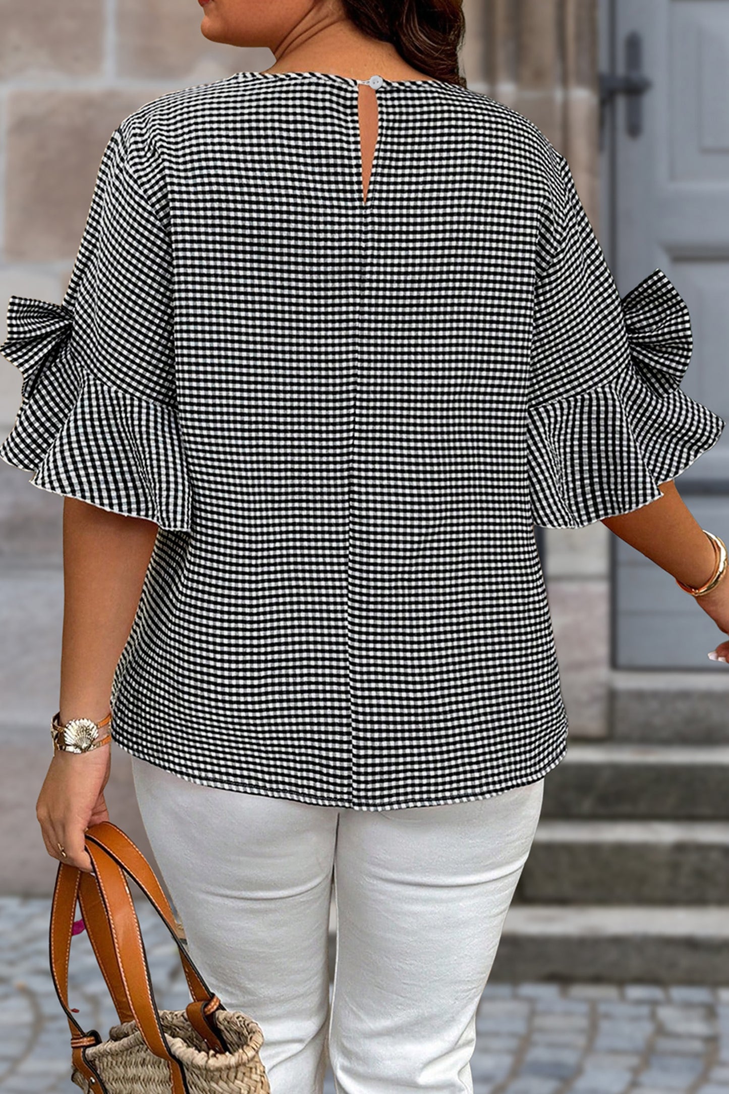 Black Plus Size Plaid Bow Decor Bell Sleeve Round Neck Blouse