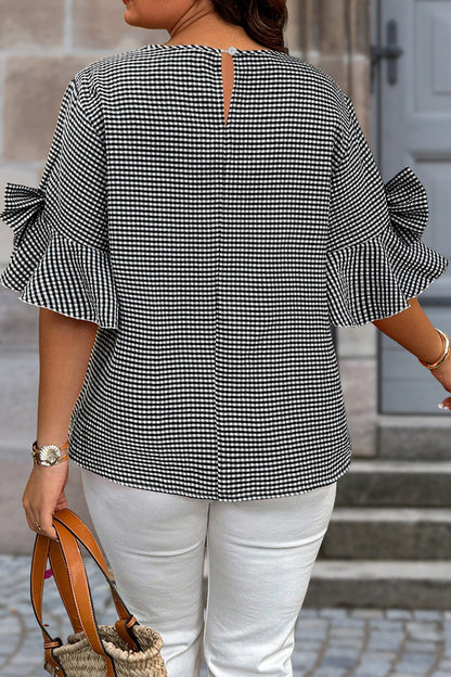 Black Plus Size Plaid Bow Decor Bell Sleeve Round Neck Blouse