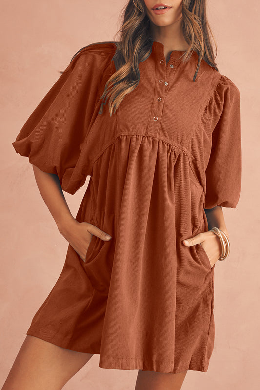 Light Snap Button Empire Waist Lantern Sleeve Corduroy Dress