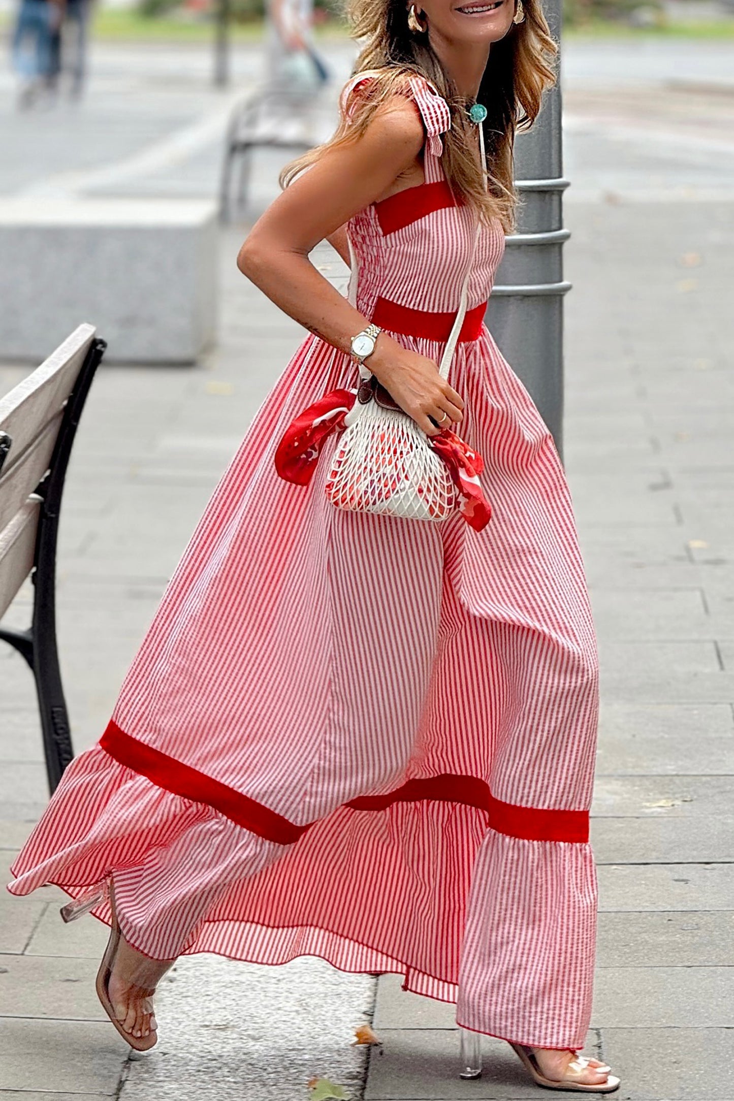 Red Stripe Bow Knot Straps Contrast Trim High Waist Ruffle Hem Maxi Dress