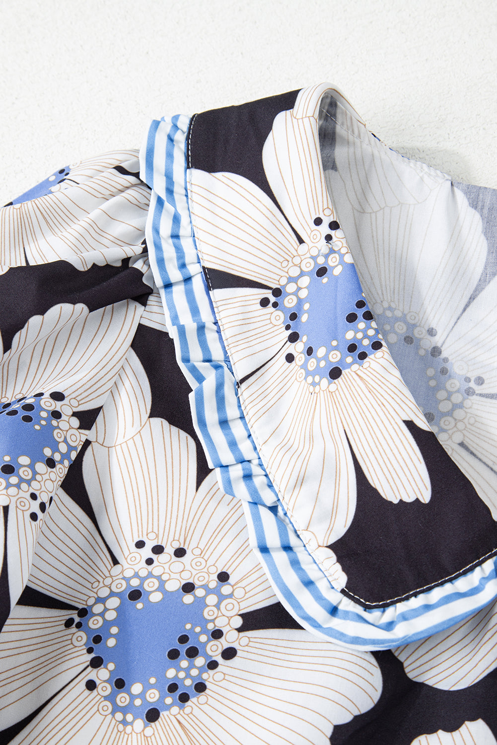 Floral Print Striped Tie Sleeve Collared V Neck Blouse
