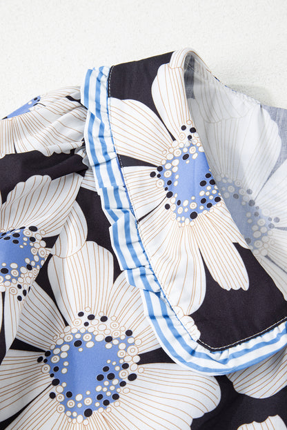 Floral Print Striped Tie Sleeve Collared V Neck Blouse