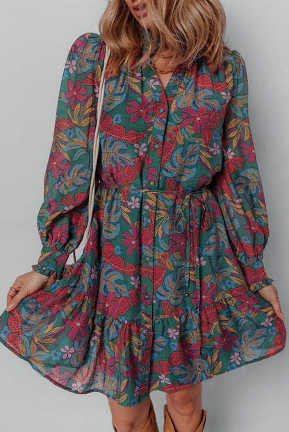 Green Floral Frill V Neck Puff Sleeve Ruffle Mini Dress