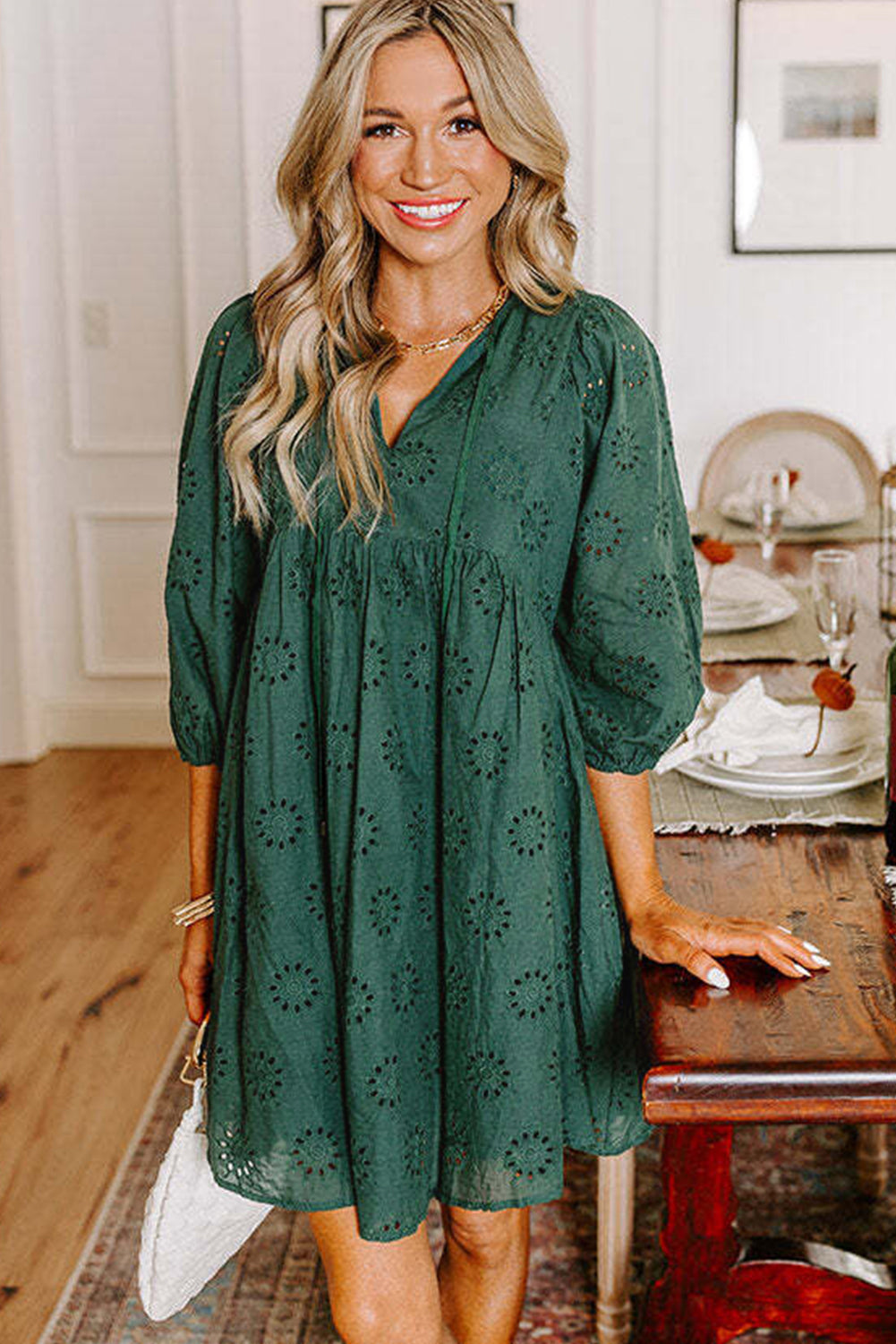Green Embroidered Eyelet Pattern Puff Sleeve Mini Dress