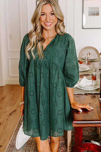 Green Embroidered Eyelet Pattern Puff Sleeve Mini Dress