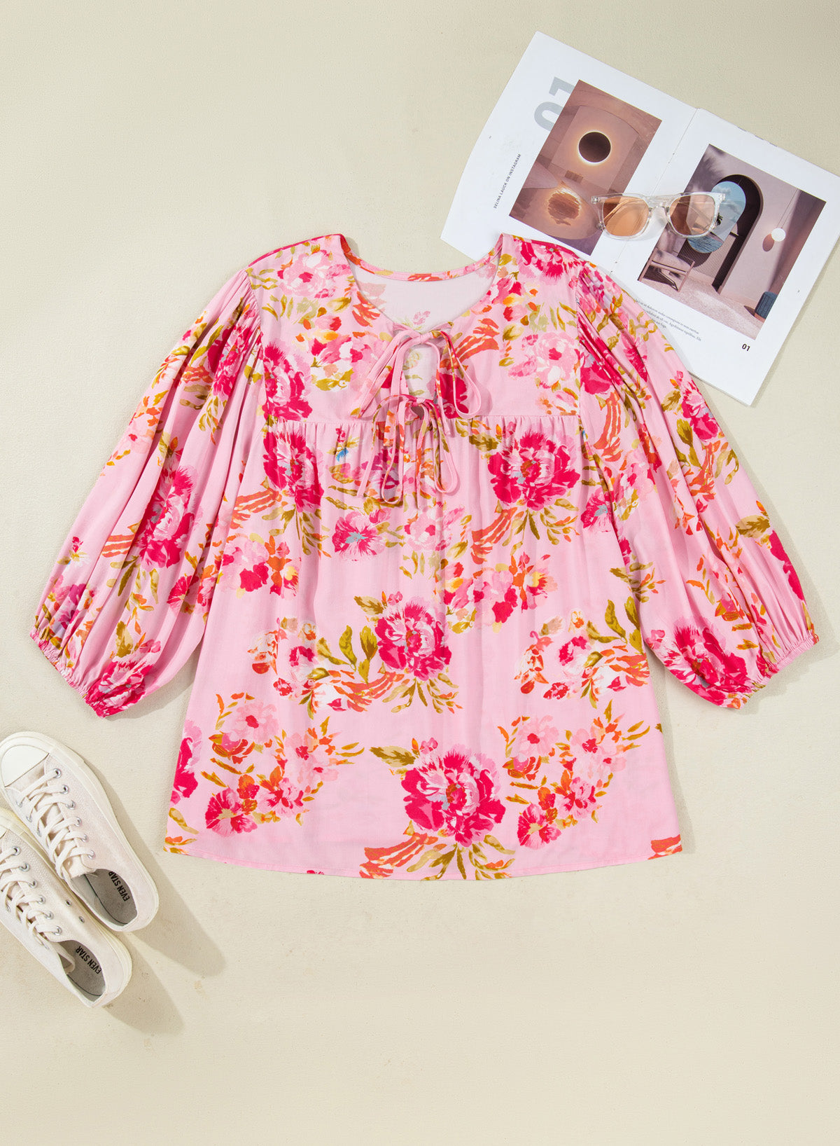 Plus Size Floral Print V Neck Tie Front Short Sleeve Tunic Top