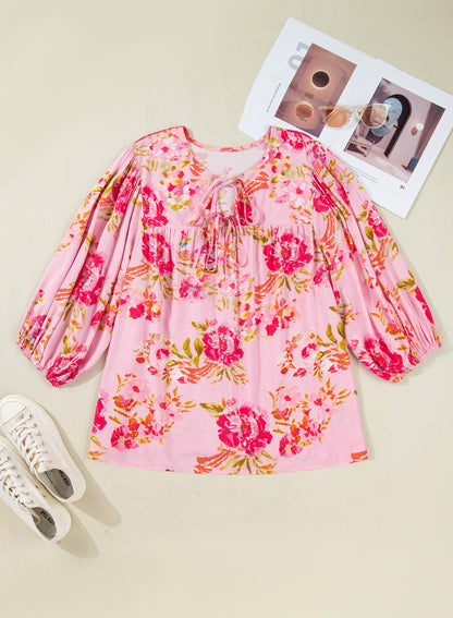 Plus Size Floral Print V Neck Tie Front Short Sleeve Tunic Top