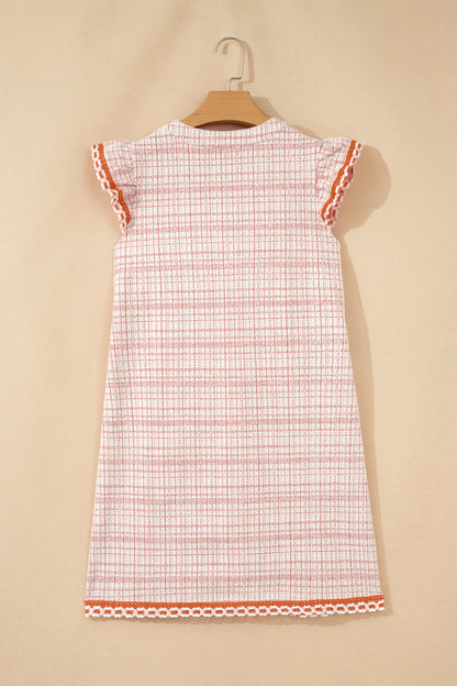 Jacquard Textured Contrast Trim Short Sleeve Tassel Tie Shift Dress