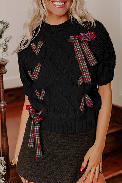 Plaid Lace-up Detail Christmas Holiday Puff Short Sleeve Sweater