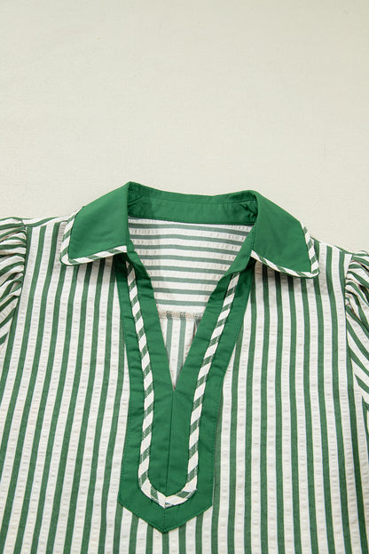 Stripe Collared Split Neck Short Bubble Sleeve Blouse