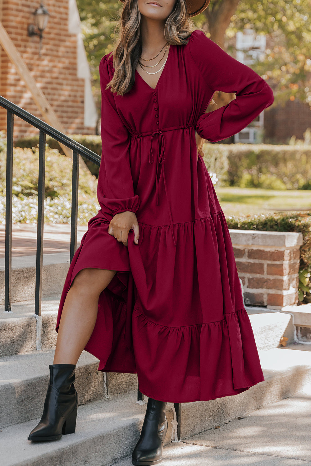 Solid Long Sleeve Button V Neck Tiered Maxi Dress