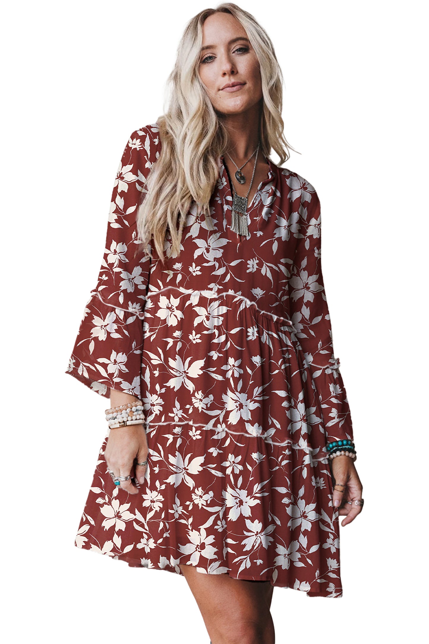 Blue Boho Floral Print Lettuce Trim 3/4 Sleeve Mini Dress