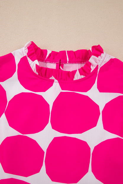 Rose Polka Dot Pattern Frill Neck Flutter Sleeve Top