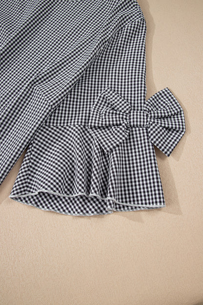 Black Plus Size Plaid Bow Decor Bell Sleeve Round Neck Blouse