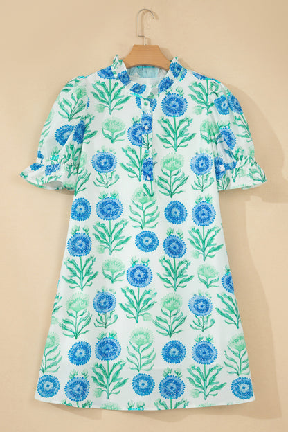 Sky Blue Floral Print Half Button Frilly Short Sleeve Dress