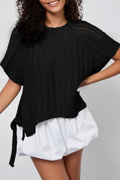 Open Knit Bow Tie Short Sleeve Sweater