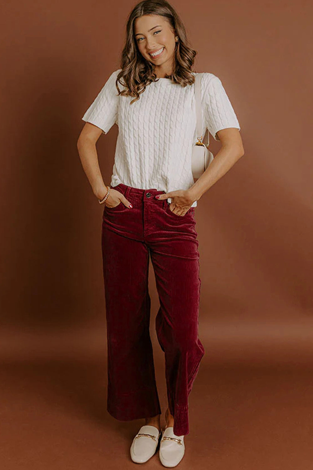Corduroy Solid Color High Waist Wide Leg Pants