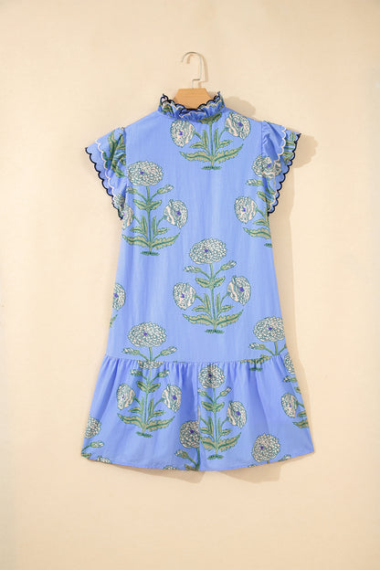Wild Floral Print Scalloped Embroidery Trim V Neck Drop Waist Mini Dress