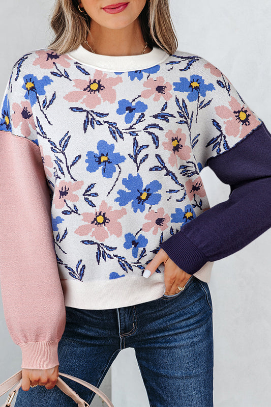 Khaki Vibrant Floral Contrast Colorblock Sleeve Pullover Sweater