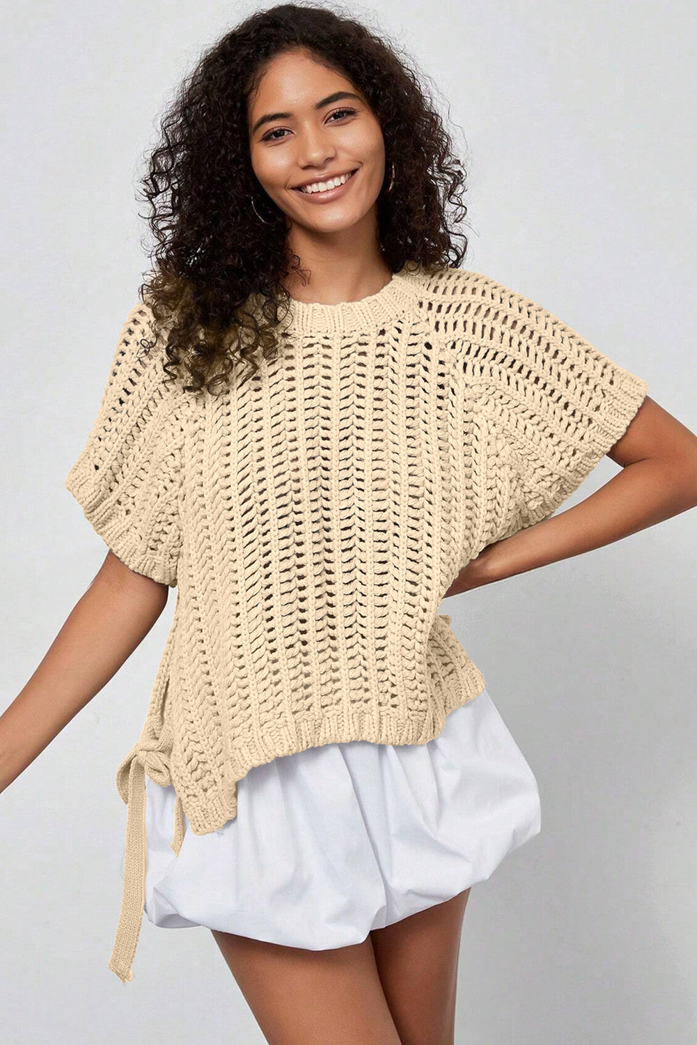Open Knit Bow Tie Short Sleeve Sweater