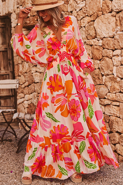 Beige Floral Print Shirred Detail Puff Sleeve Flowy Maxi Dress
