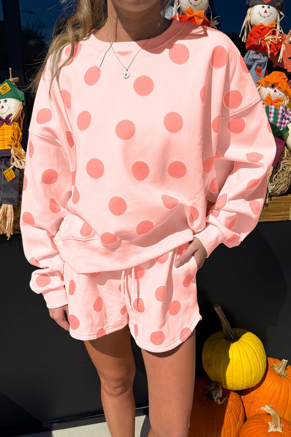 Polka Dot Print Drop Shoulder Pullover Drawstring Shorts Set