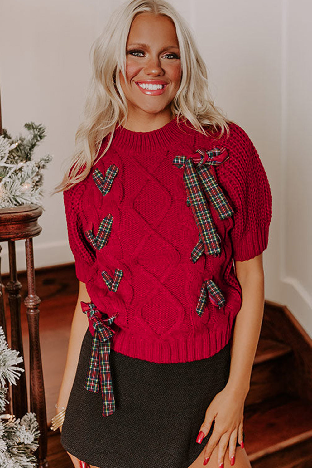 Plaid Lace-up Detail Christmas Holiday Puff Short Sleeve Sweater