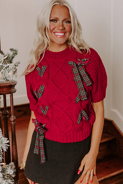 Plaid Lace-up Detail Christmas Holiday Puff Short Sleeve Sweater