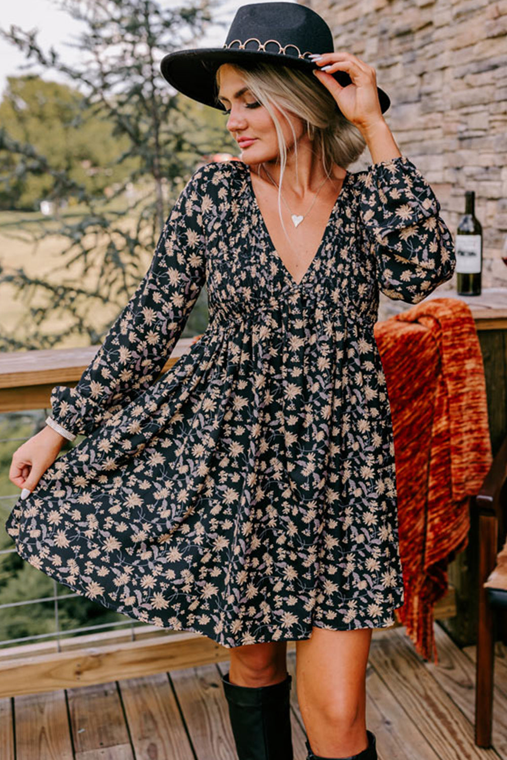 Floral Smocked V Neck Bubble Sleeve Babydoll Dress