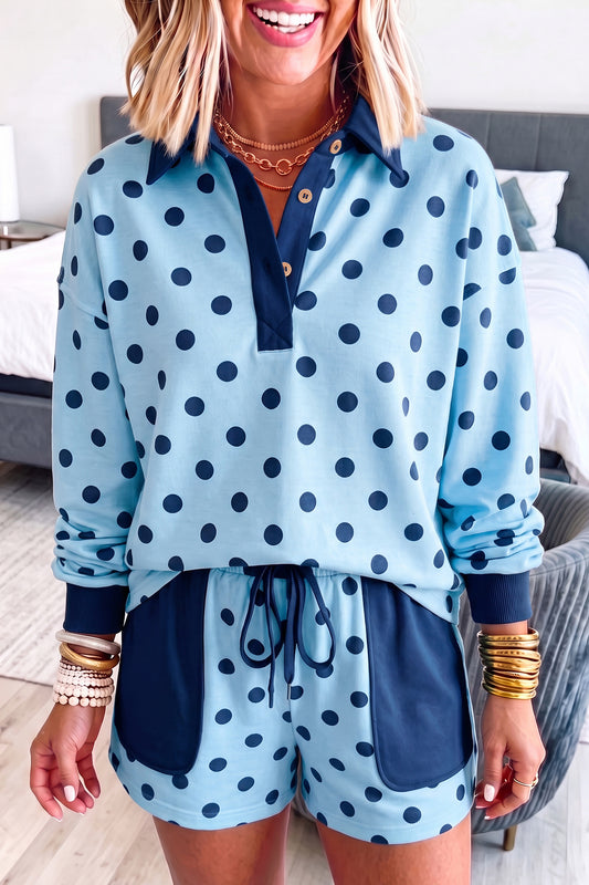 Polka Dot Drop Shoulder Polo Loose Pullover Patch Pocket Casual Shorts Set
