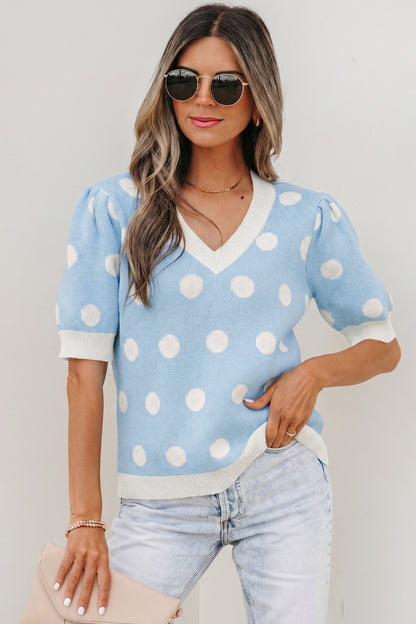 Polka Dot Puff Short Sleeve Sweater Top