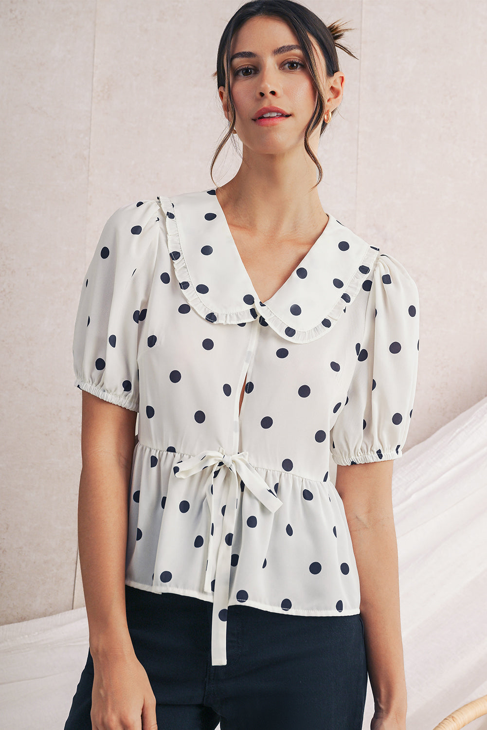 White Polka Dot Peter Pan Collar Bow Front Blouse
