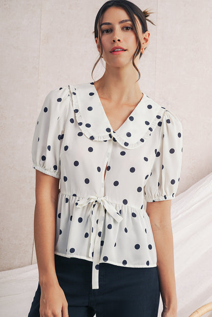 White Polka Dot Peter Pan Collar Bow Front Blouse