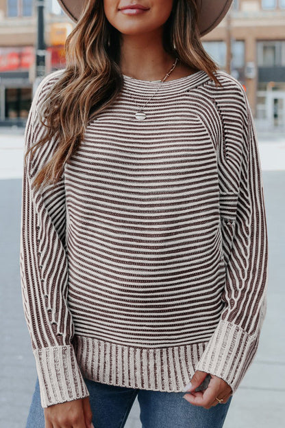 Striped Print Ribbed Knit Raglan Sleeve Baggy Sweater