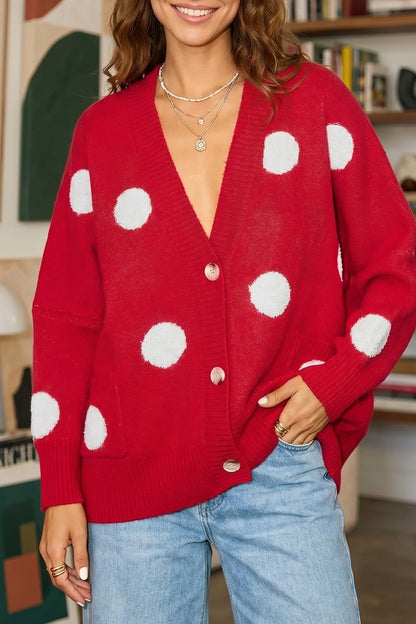 Polka Dot Button Front Oversized V Neck Cardigan