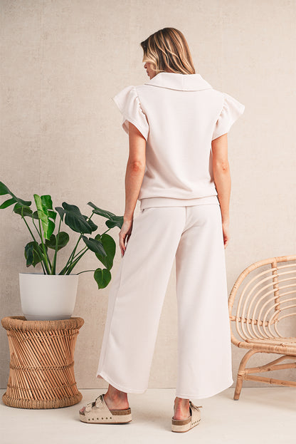 Textured Ruffle Sleeve Zipped Top and Wide Leg Pants Set