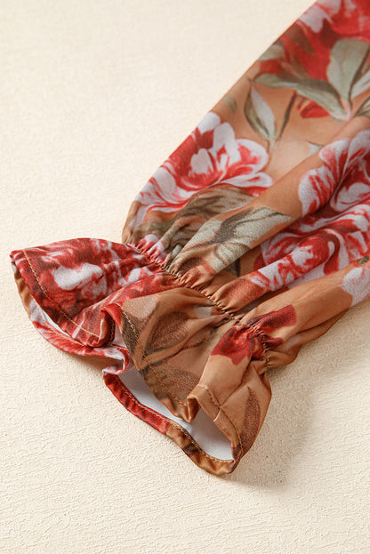 Brown Floral Print Shirt Style Long Sleeve Ruffle Mini Dress