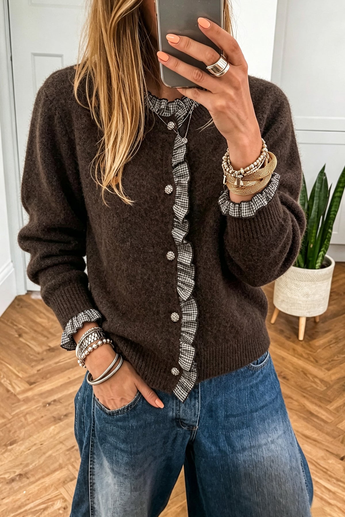 Coffee Plaid Ruffle Trim Patchwork Button Cardigan