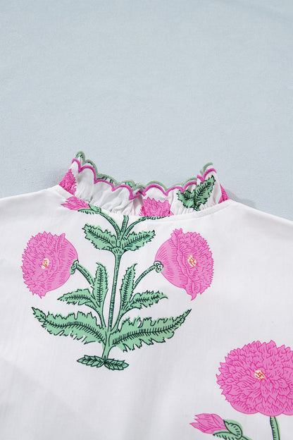Wild Floral Print Scalloped Embroidery Trim V Neck Drop Waist Mini Dress