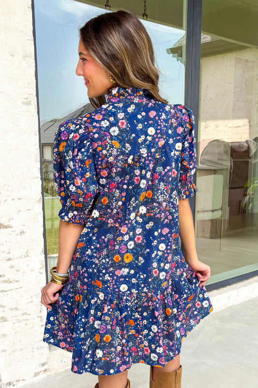 Blue Wild Daisy Floral Split Neck Short Puff Sleeve Mini Dress