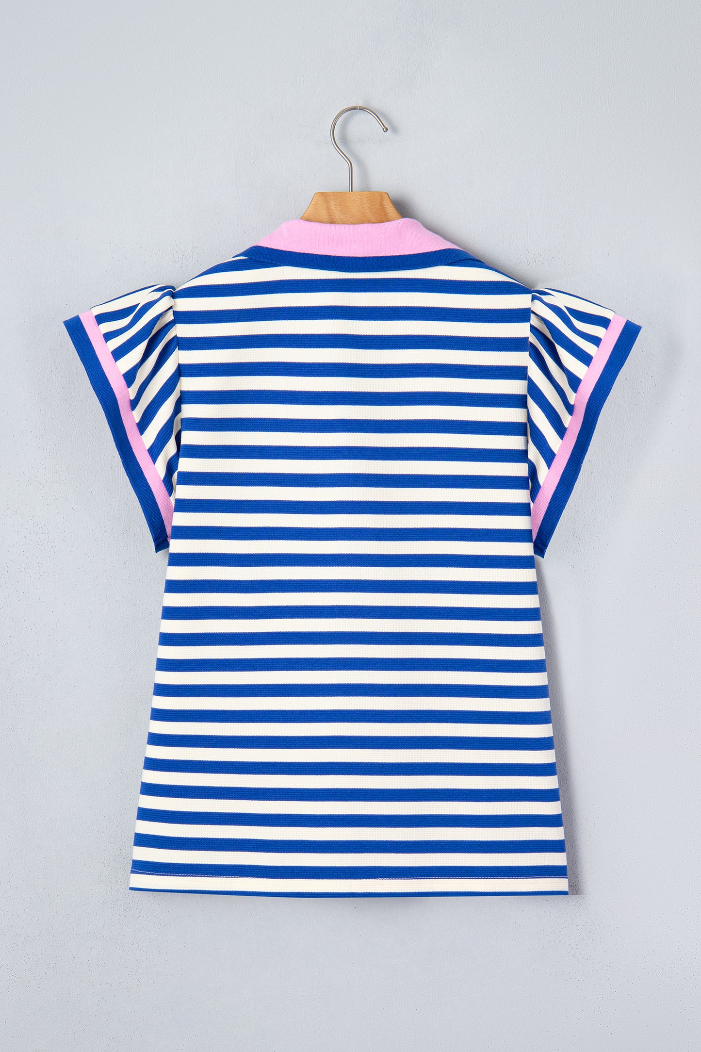 Contrast Trim Polo Collar Ruffled Short Sleeve Blouse