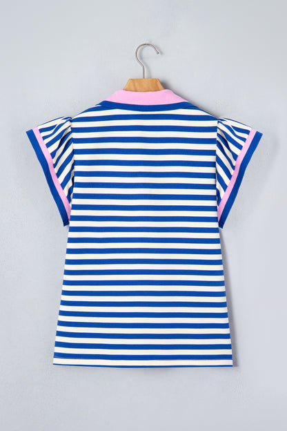 Contrast Trim Polo Collar Ruffled Short Sleeve Blouse
