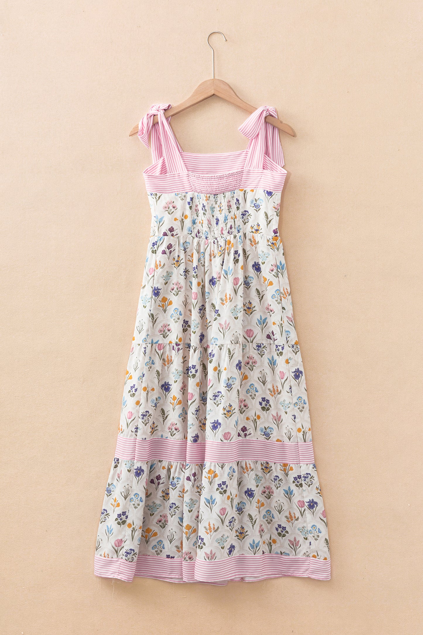 Multicolor Floral Print Striped Detail Knot Straps Maxi Dress