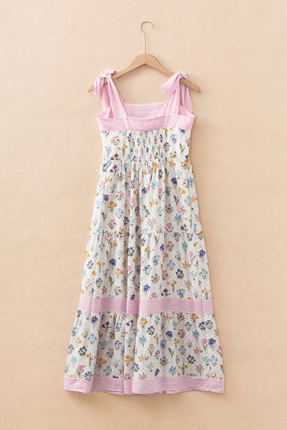 Multicolor Floral Print Striped Detail Knot Straps Maxi Dress